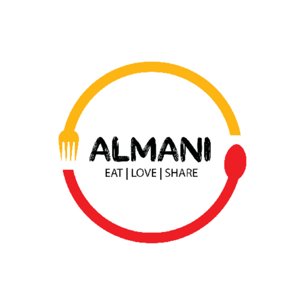 Logo of Almani with a yellow and red circular design on a white background